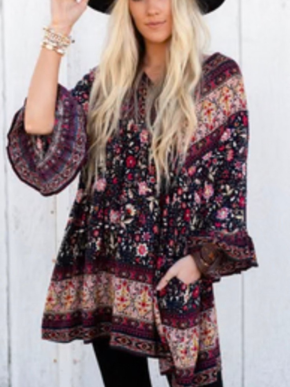 Three Bird Nest Floral Boho Peasant Blouse in Black and Burgundy
